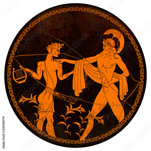 Greek vase painting concept. Meander circle style. Red figure techniques. Ancient Greece art. Mythology and legends
