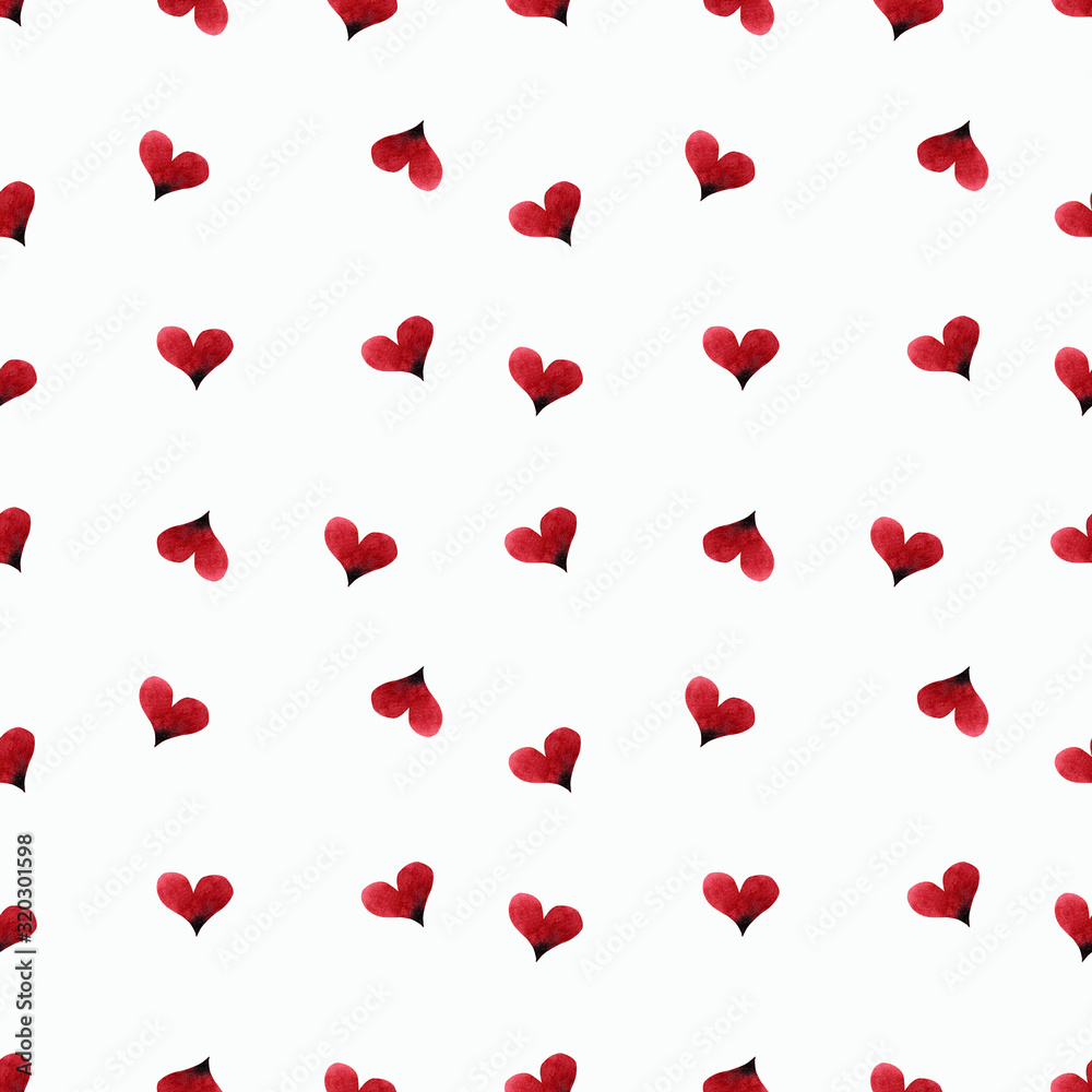 Seamless pattern with hearts on white background Watercolor illustration. Valentines day