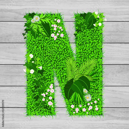 Lettre florale N - illustration vectorielle d’un gazon fleuri sur un fond de planches de bois grises.