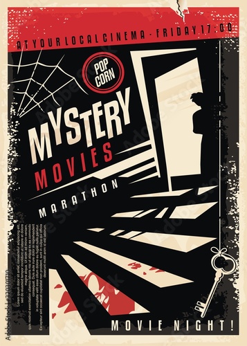 Mystery movies cinema poster design with strange silhouette looking through the basement door at blood on the stairs. Retro flyer design for film festival. Entertainment industry vector illustration. photo