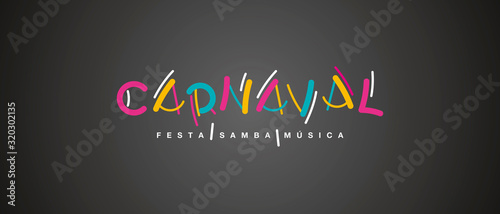 Carnival handwritten typography colorful logo party samba music Portuguese language black background