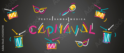 Carnival handwritten typography colorful logo party samba music Portuguese language carnival elements black background