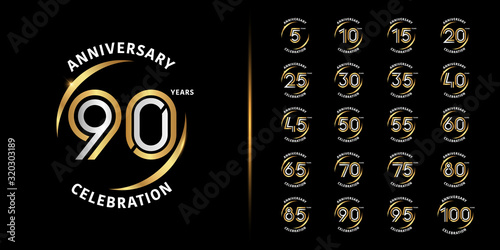 Set of premium anniversary logotype. Golden and silver anniversary celebration emblem design for company profile, leaflet, magazine, brochure, web, banner, invitation or greeting card.