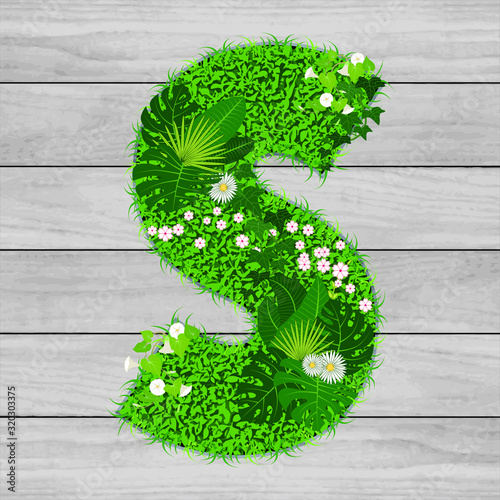 Lettre florale S - illustration vectorielle d’un gazon fleuri sur un fond de planches de bois grises.
