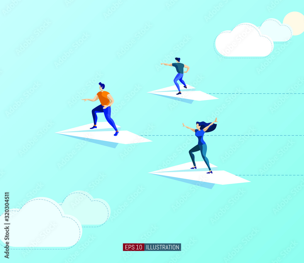 Trendy flat illustration. People fly on paper airplanes. Teamwork concept. Globalization. International business. Competition. Goal achievement. Template for your design works. Vector graphics.