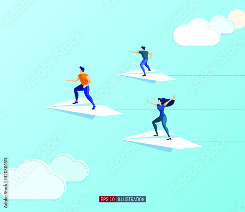 Trendy flat illustration. People fly on paper airplanes. Teamwork concept. Globalization. International business. Competition. Goal achievement. Template for your design works. Vector graphics.