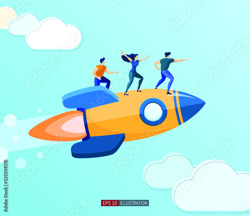 Trendy flat illustration. People fly on rocket. Teamwork concept. Startup. Globalization. International business. Competition. Goal achievement. Template for your design works. Vector graphics. © Oleksandr