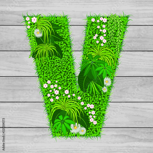 Lettre florale V - illustration vectorielle d’un gazon fleuri sur un fond de planches de bois grises.