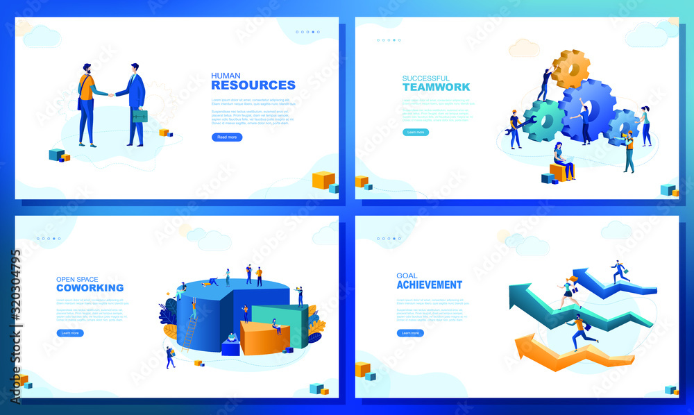 Trendy flat illustration. Set of web page concepts. Human resources. Successful teamwork. Open space coworking. Goal achievement. Template for your design works. Vector gr