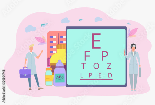An ophthalmologist conducts a test for myopia. Recipe for glasses. Cure medicine for treating eyes. Colorful vector illustration