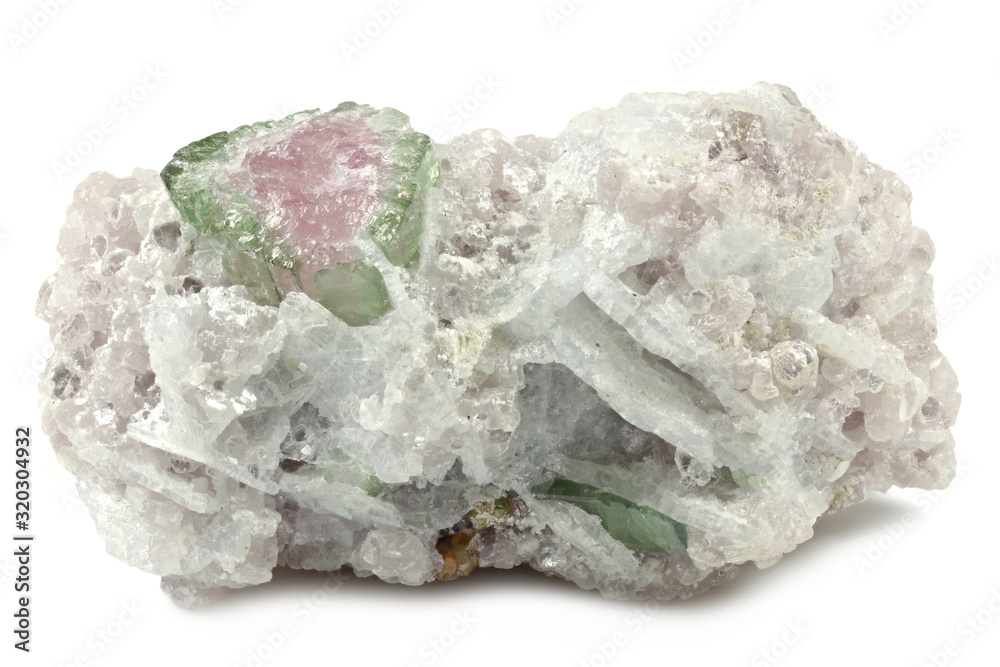 watermelon tourmaline on quartz matrix from Afghanistan isolated on white background