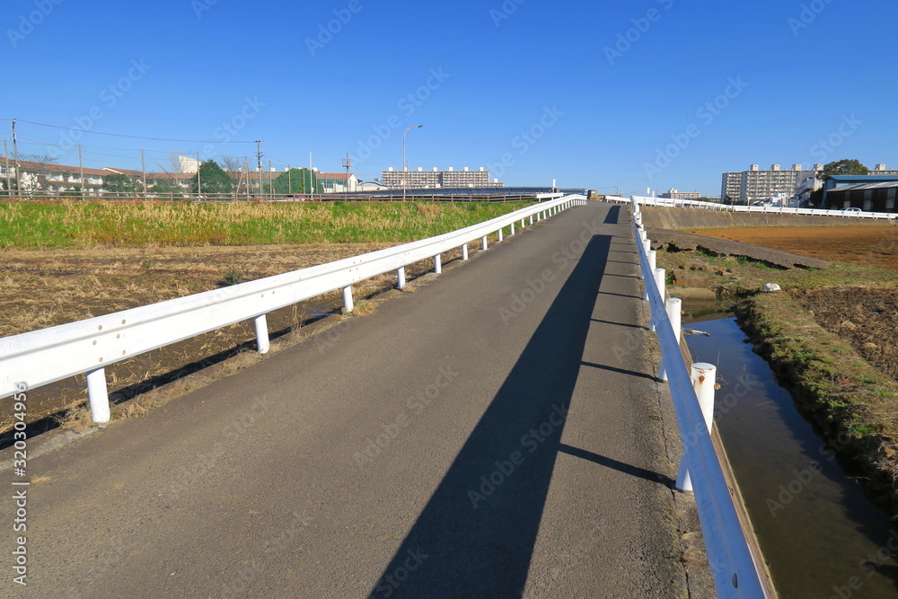 冬の田圃の中の坂道風景