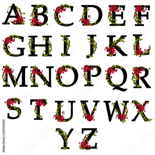a set of letters with a decor of flowers and leaves, with elements of curls in the baroque style