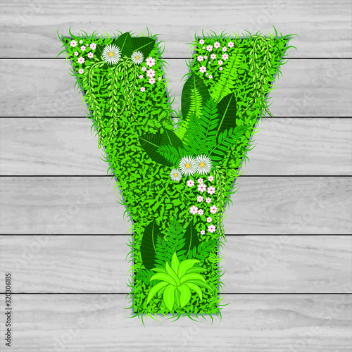 Lettre florale Y - illustration vectorielle d’un gazon fleuri sur un fond de planches de bois grises.