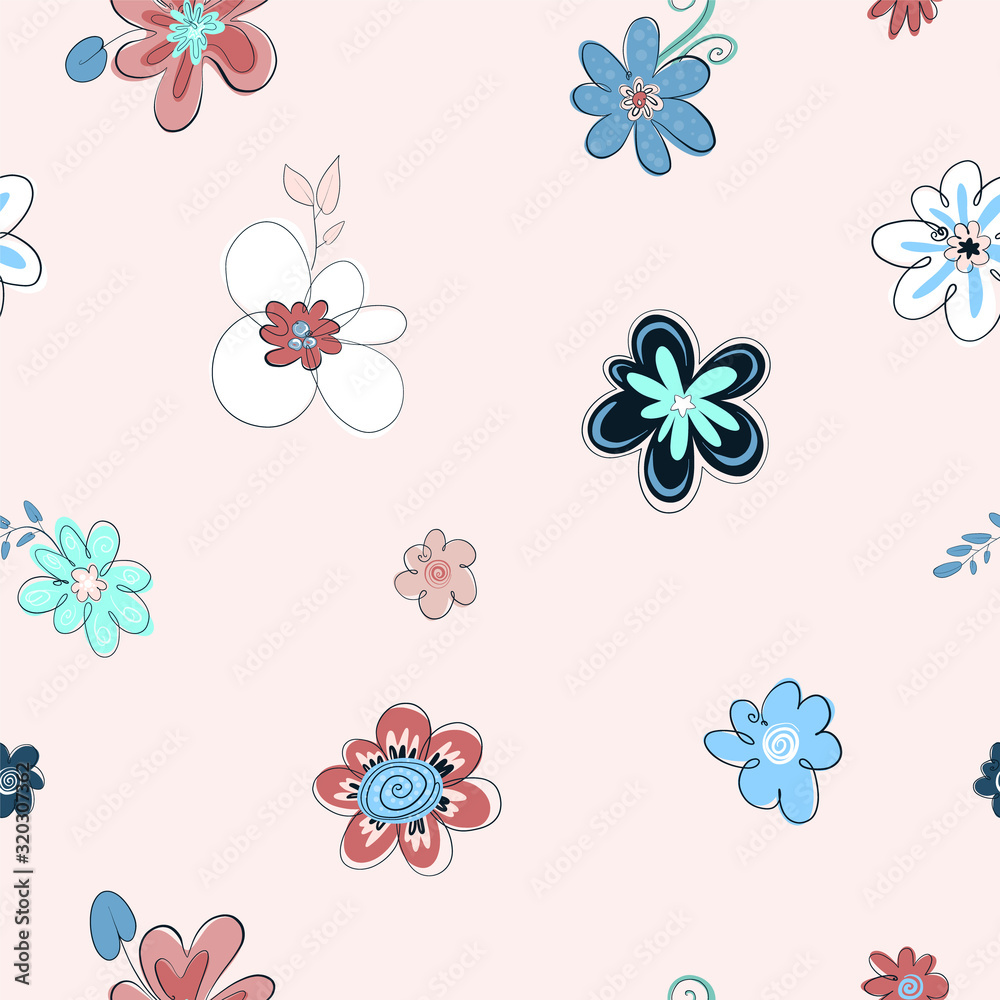 Set of cute flowers in cartoon style. Elements for the design of textiles, cards, t-shirts. Floral flat hand drawn color background, seamless pattern. Set of cute flowers in cartoon style. Elements for the design of textiles, cards, t-shirts. Floral flat hand drawn color background, seamless pattern.