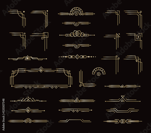 Set of elegant frames border dividers and other geometric decorative elements. Golden vintage style card graphic elements for decor. Vector isolated royal style design on black background.