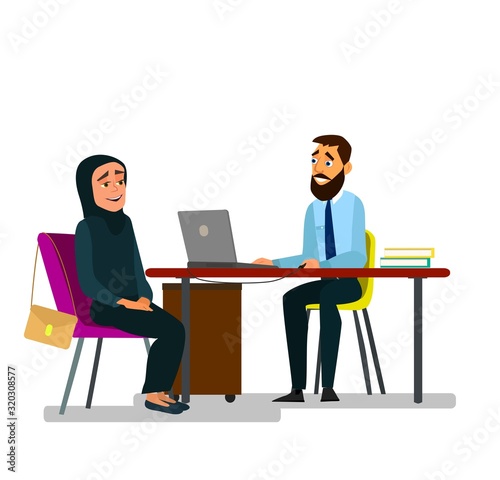 A girl in a burqa is being interviewed for a job. Employment. A girl in a burqa.