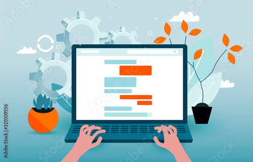 User is chatting. Man is typing text on a laptop. Comfortable workplace for freelancers. Blue and orange colored vector illustration EPS 10 isolated on white background