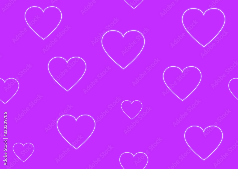 Glowing white neon hearts vector seamless background. Happy Valentines Day, Love, Wedding pattern with luminous hearts in pink color.