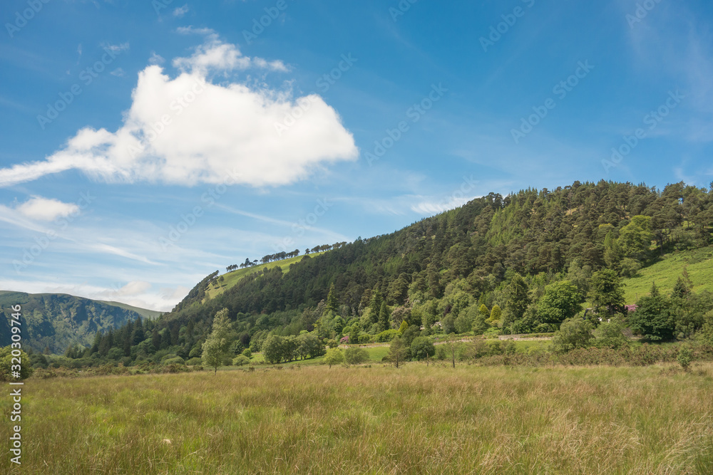 Mountain, woodland landscape at Glendalough National Park, County Wicklow, Ireland.