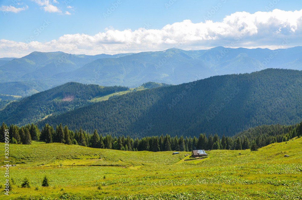 View of the Carpathian Mountains and the village Kvasy among the mountains and hills, beautiful scenery on a sunny clear day Ukraine, Europe, Carpathian Mountains