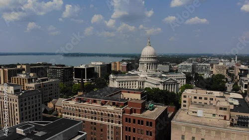 Madison City USA, Wisconsin State Capitol Government Building and Supreme Court on Sunny Summer Day, Pull Up Aerial photo