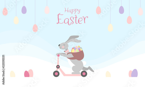 Happy Easter - Geschenkkarte, Osterhase auf seinem Weg mit dem Roller Ostereier zu verstecken, Banner, Pastell. 