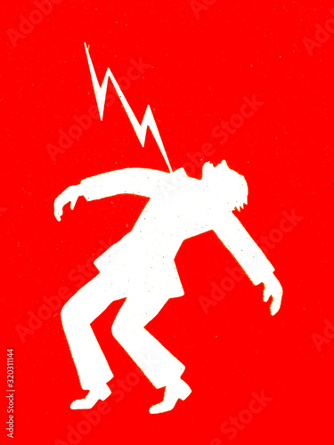danger of life due to electric shock, white silhouette and red background, electric lightning and high voltage man, death and danger, warning