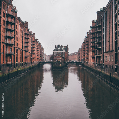 Beautiful moody shot of the famous Speicherstadt in Hamburg, Germany on a cloudy day