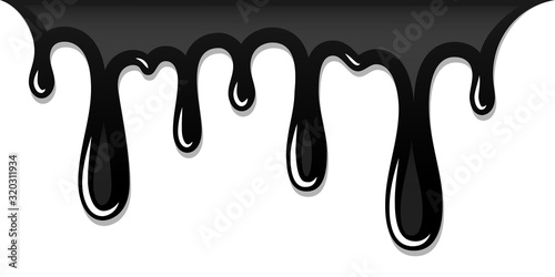 Drip paint 3D. Ink stain. Drop melt liquid isolated on white background. Splash of chocolate, oil, blood. Black graffiti. Splatter syrup, candy sauce, caramel. Vector illustration