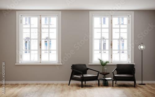 Room with light wall and wooden floor with black armchair and coffe table. Bright room interior mockup. Empty room for mockup. 3d rendering.