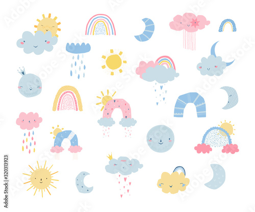Set rainbows with sun, clouds, rain, moon in flat style isolated on white background for kids. Cute illustration in hand drawn style for posters, prints, cards, fabric, children's books. Vector
