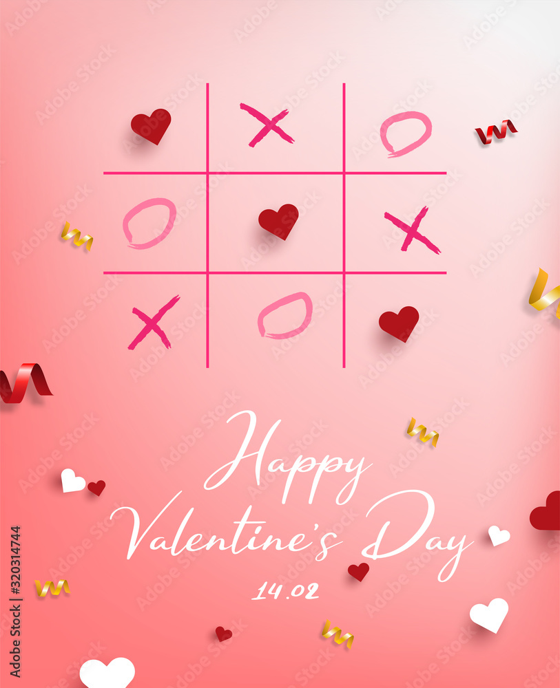 Happy Valentine's Day Sale banner, poster with heart origami tic tac toe game (XO) background.