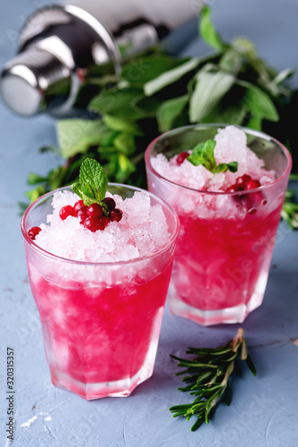 Two Glasses of Cocktail with Cranberry Vodka Mint Blue Background Cold Summer Beverage Shaker