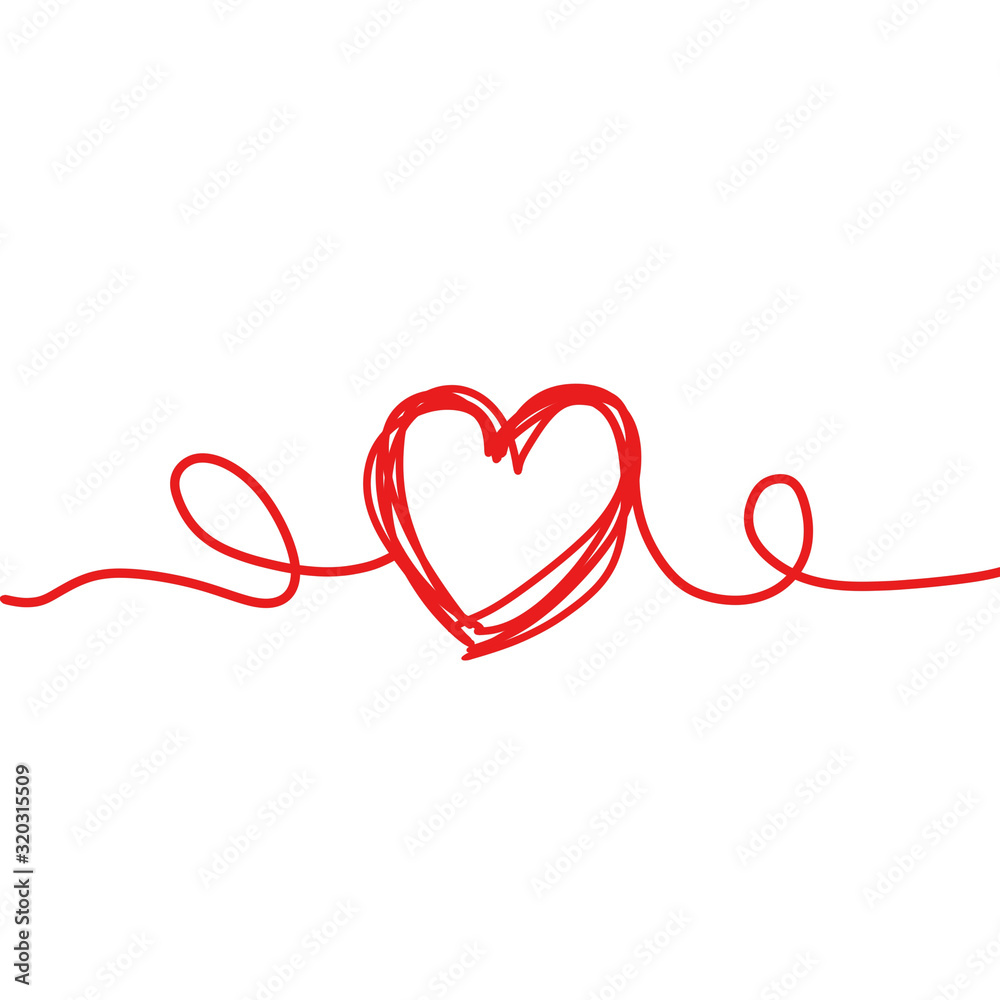 Red Heart round scribble hand drawn with thin line, divider shape. Isolated on white background.