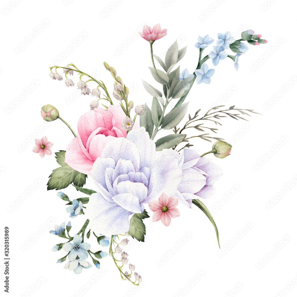 Bouquet of flowers, can be used as greeting card, invitation card for wedding, birthday and other holiday and  summer background. Watercolor illustration design