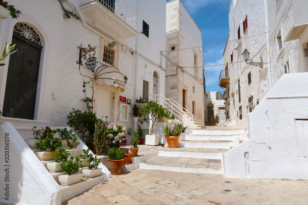 Scenic sight of the Ostuni town sunny street with blooming flowers, Apulia region, Italy, Adriatic Sea