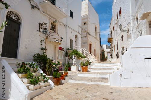 Scenic sight of the Ostuni town sunny street with blooming flowers, Apulia region, Italy, Adriatic Sea © hancik