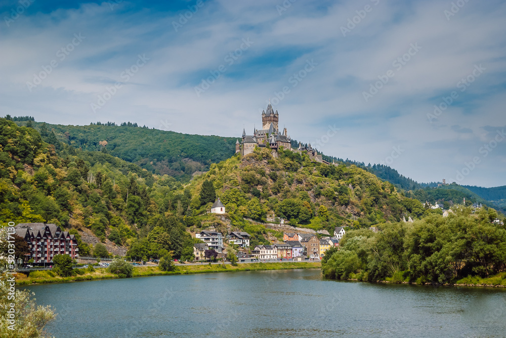Cochem Castle on hillside over Moselle river, Moselle Valley, Germany