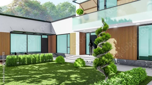 3d illustration of a Modern country mansion, in spring in sunny weather.