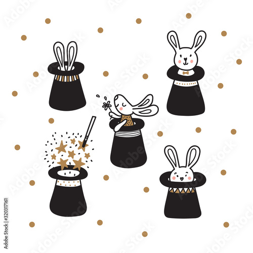 Rabbits in the hat of a magician. Cute vector set.