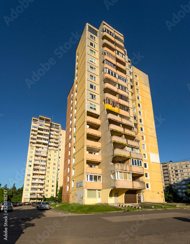 Soviet time apartment highrise buildings of Purvciems district (Madonas iela 19 un 21) in Riga, Latvia photo