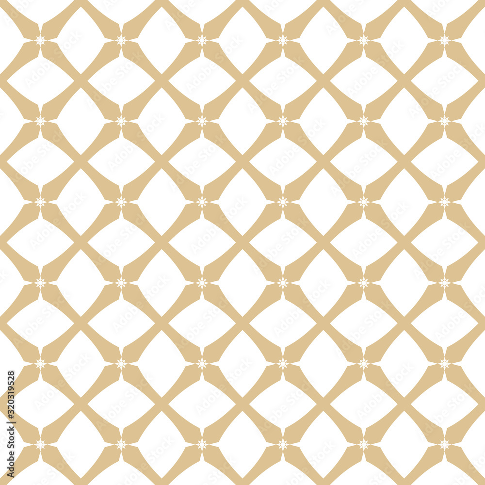 Golden geometric grid texture. Abstract seamless pattern in oriental style. Luxury vector background. Simple graphic ornament. White and gold texture with square grid, lattice, net, mesh, repeat tiles