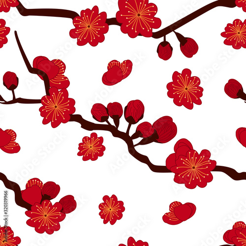 Chinese floral pattern background with plum blossom, prunus mume. Chinese new year pattern background. Cartoon hand drawn flowers background. Great for wallpaper, textile, fabric, card, fabric.