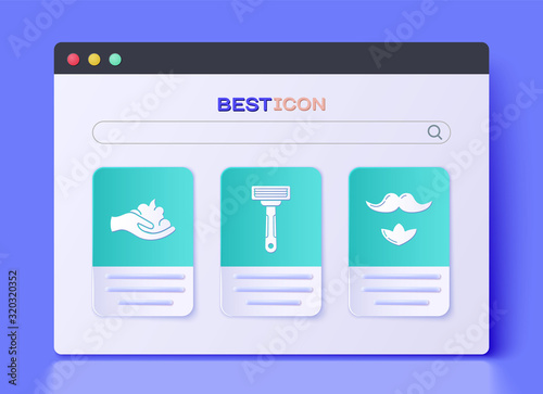 Set Shaving razor, Shaving gel foam on hand and Mustache and beard icon. Vector