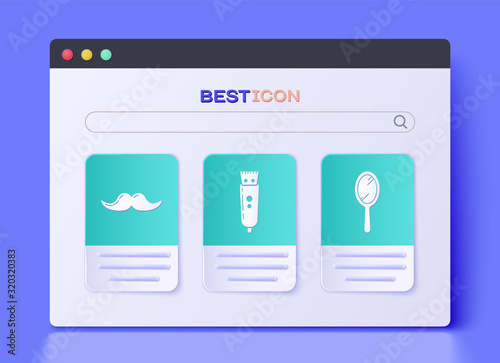 Set Electrical hair clipper or shaver, Mustache and Hand mirror icon. Vector