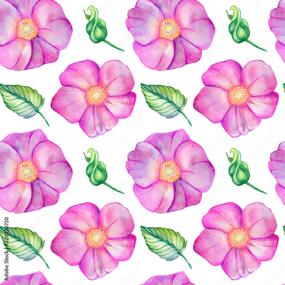 Watercolor seamless pattern with rose hips.