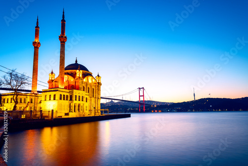 Ortakoy Mosque and Istanbul Bosphorus Bridge at Sunrise
