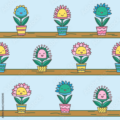 Seamless pattern with abstract smiling potted flowers, on shelves, on a blue background