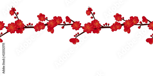 Chinese floral pattern background and borders with red plum blossom, prunus mume. Asian floral frame border seamless pattern. Great for wallpaper, gifts, textile, silk, packaging design.